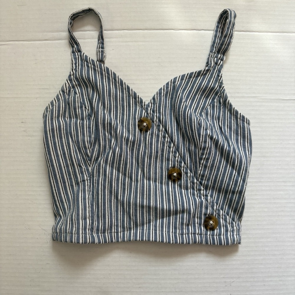 Hollister Womens Small‎ Blue and White Stripe Button Cross Over Tank Top Y2K